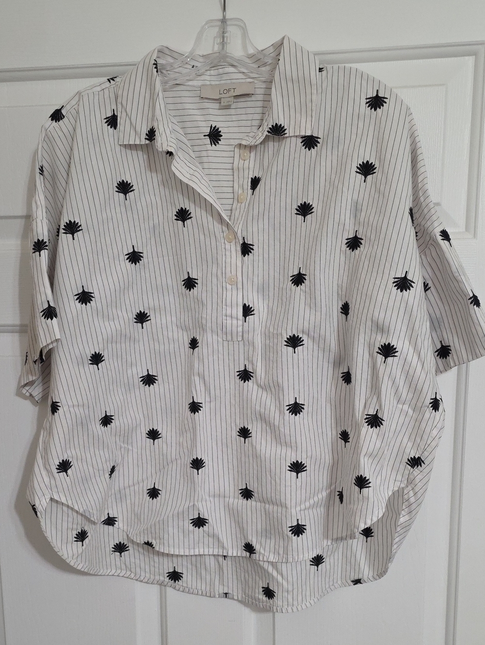 LOFT White Pinstripe Shirt with Black Leaf Embroidery